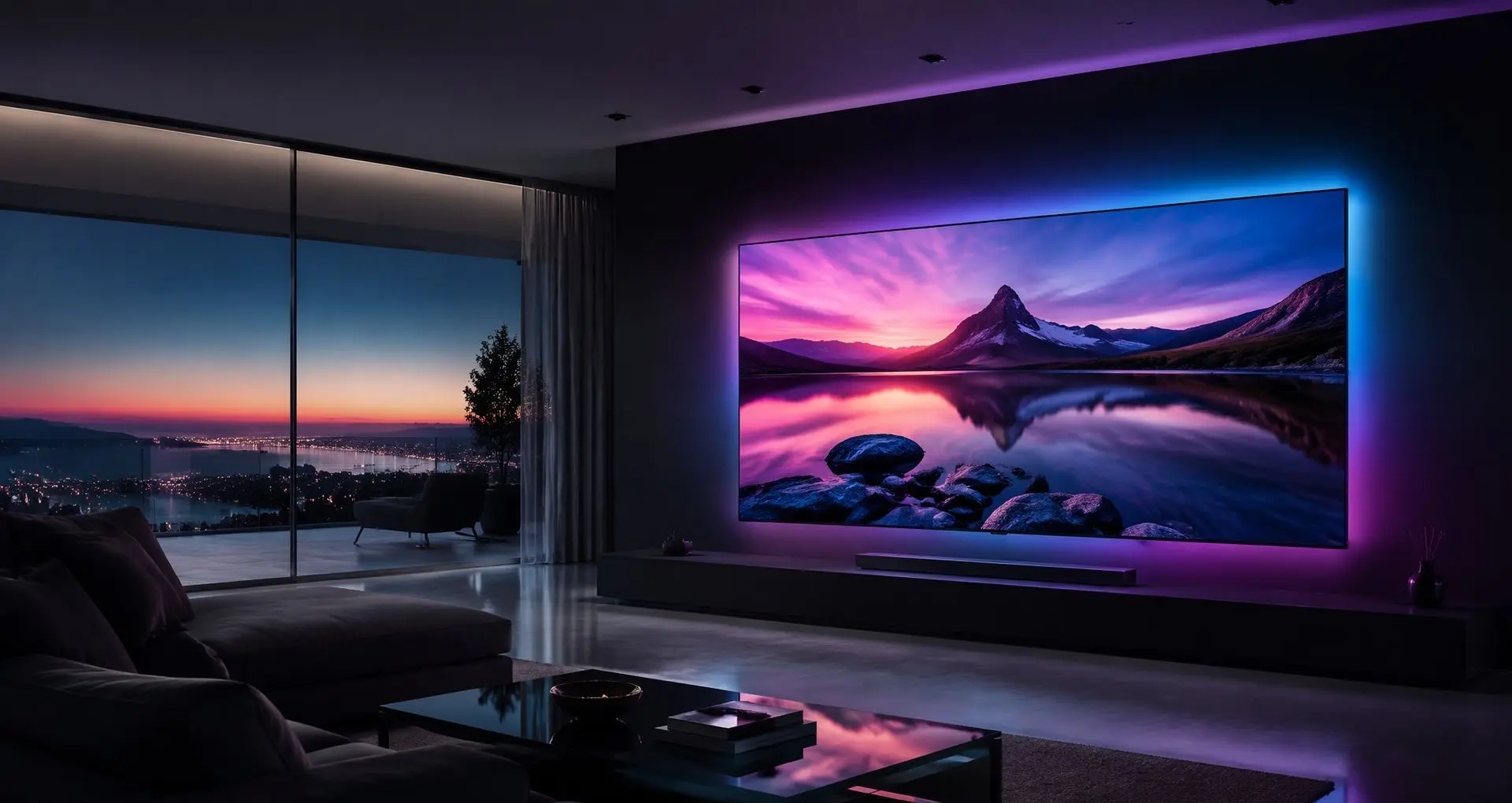 Premium 4K living room setup with a wall-mounted TV glowing violet